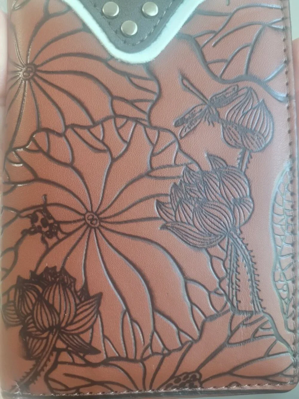 Bifold Wallet Embossed Western Style Vegan Leather Brown W/Medallion & Studs
